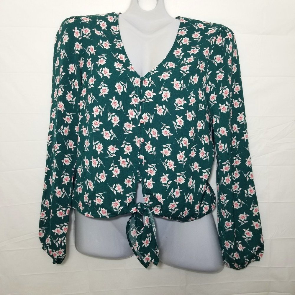 Ash & Violet Women S Green Floral Long Sleeve Button Up Tie Crop Blouse Top